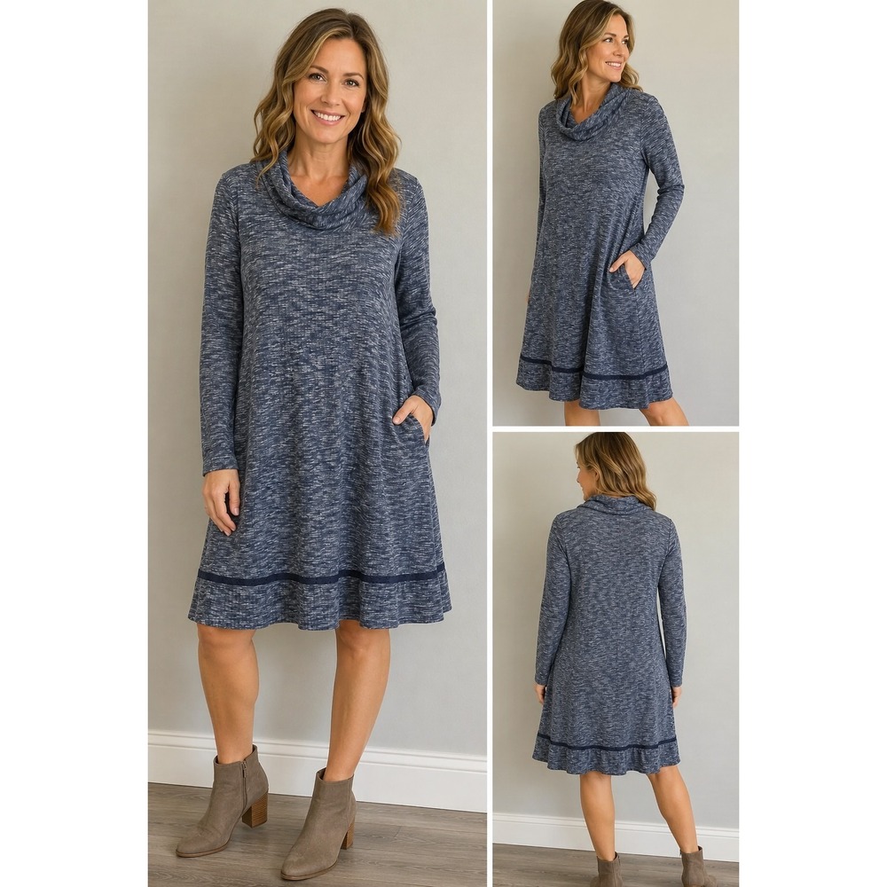 CHRIS McLaughlin Womens Size 12 Blue Space Dye Knit Dress Cowl Neck Pockets